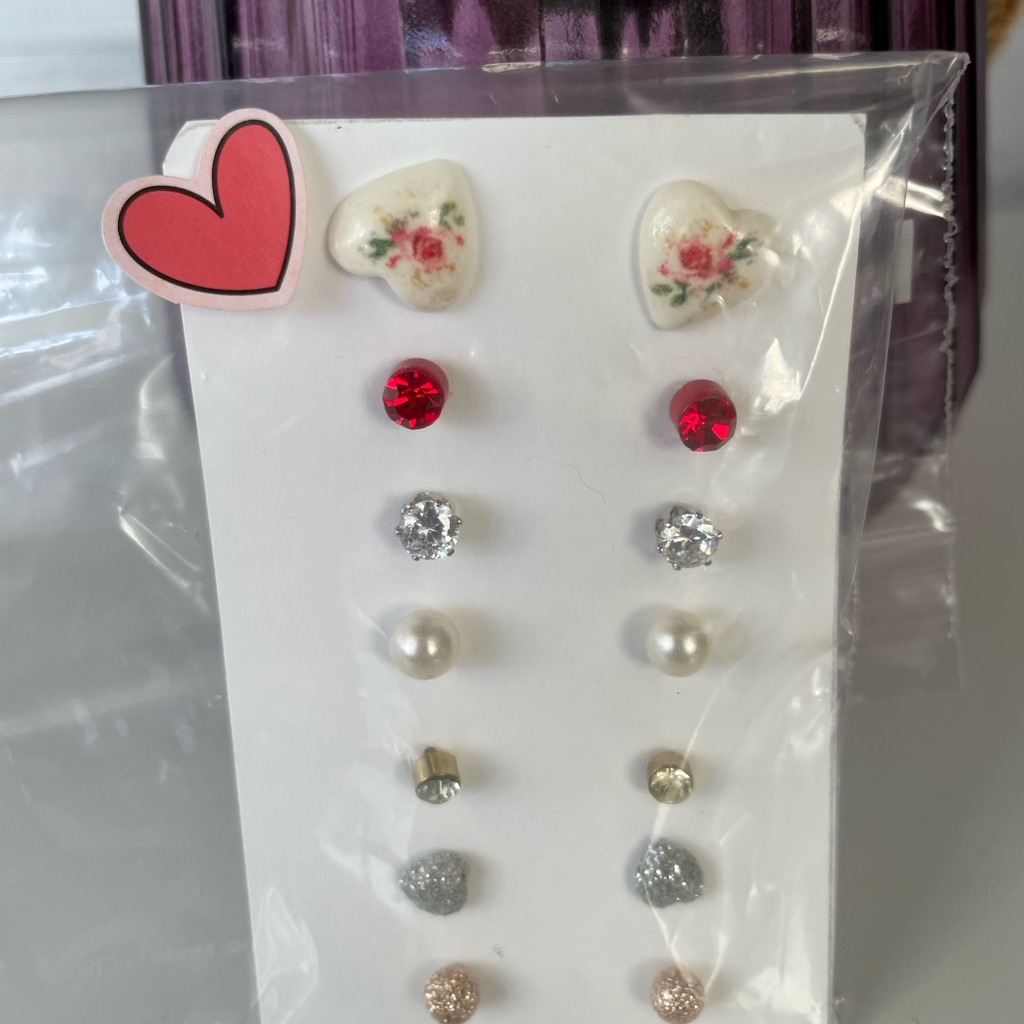 Rue21 Heart Floral, Red, Clear, Pearl And Glitter Earring Set
